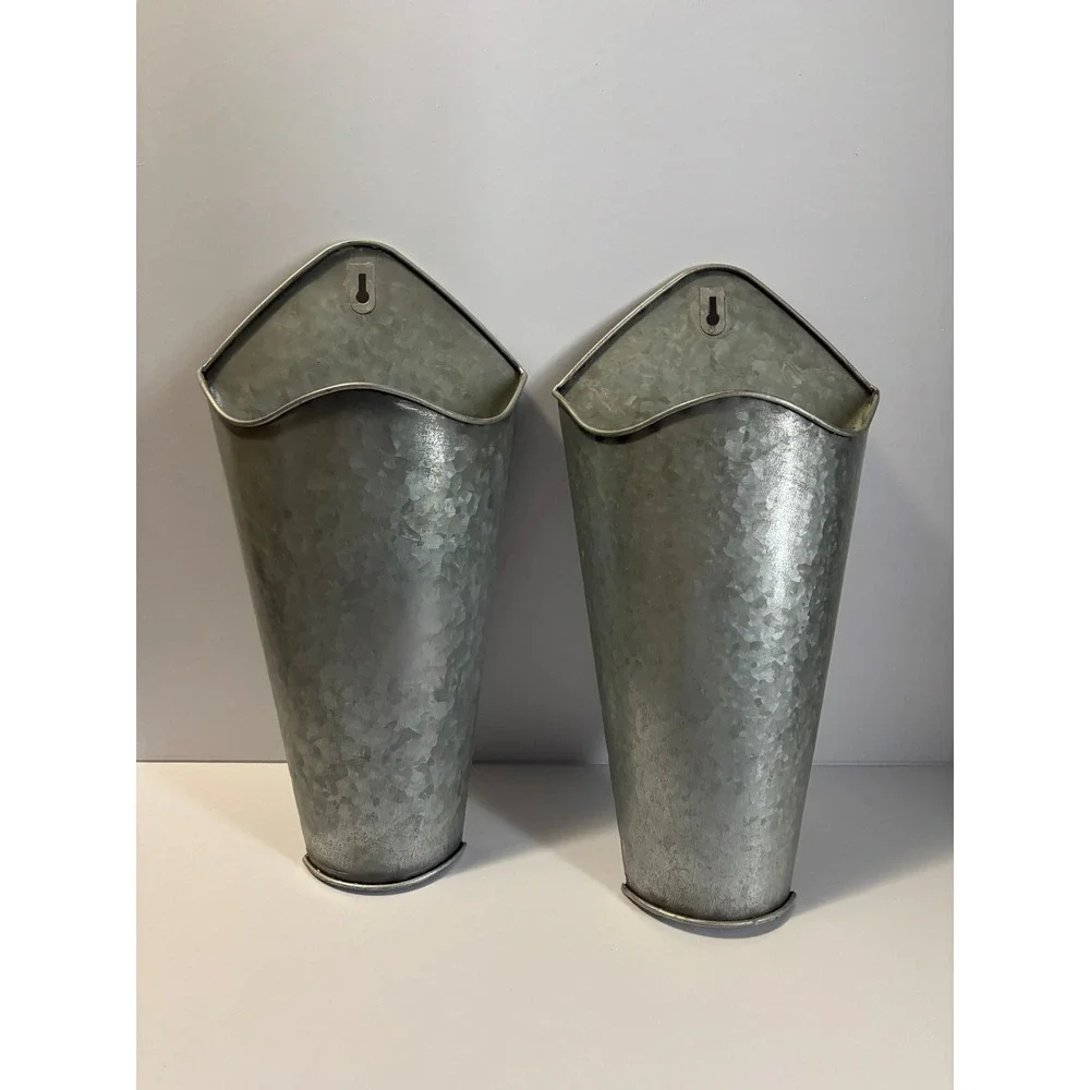 Set of 2 Galvanized Metal Wall Pockets Farmhouse Tapered Hanging Planter 15 Inch